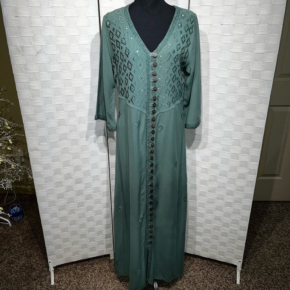 Soft Surroundings Womens Embroidered Sequin Kaftan Maxi Dress Size Small Green - Picture 10 of 11